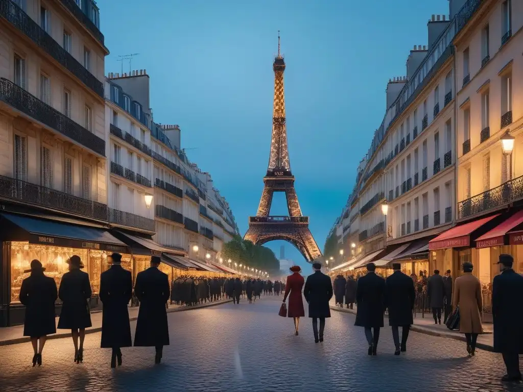 París de noche: Eiffel Tower iluminada entre la moda y el glamour La Torre Eiffel iluminada de noche en París, rodeada de una bulliciosa calle parisina llena de personas elegantemente vestidas