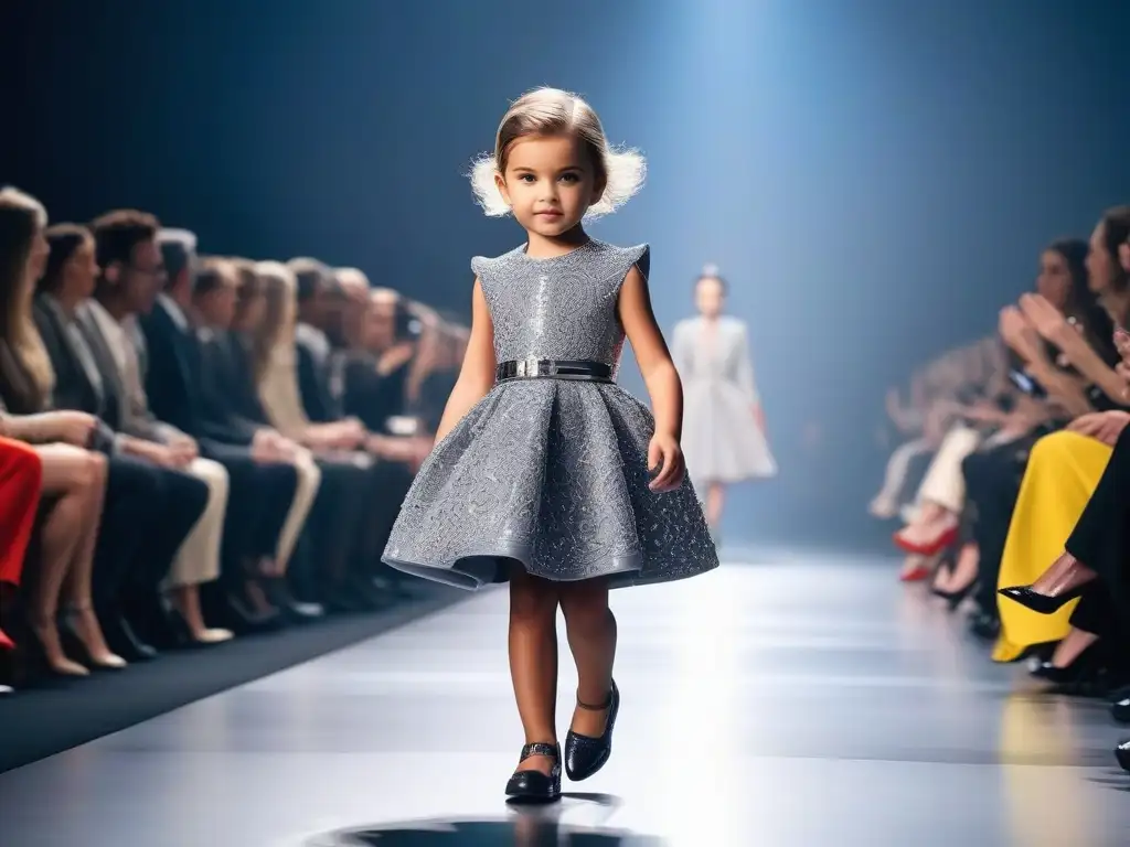 Diseño infantil de alta costura en pasarela Niño desfilando en traje de alta costura frente a expertos de la moda, moda infantil personalizada precio