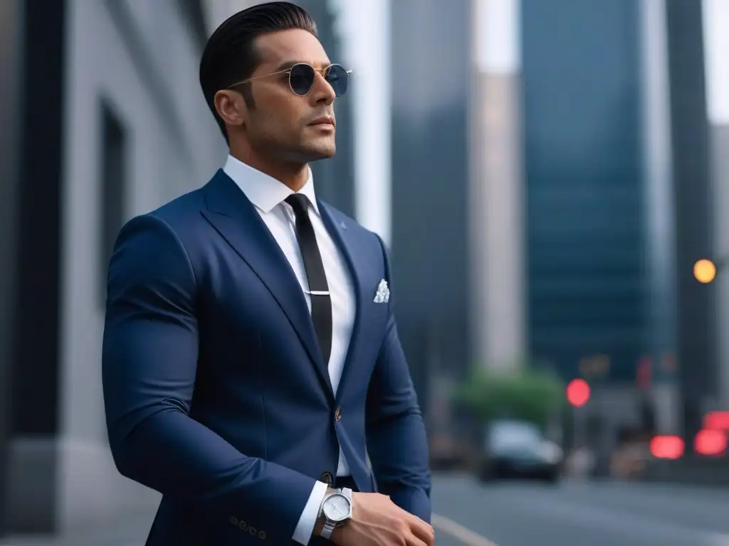 Traje azul marino a medida: estilo y confianza en la ciudad Traje azul marino con raya sutil en hombre de estatura petite, estilo y confianza en ambiente urbano