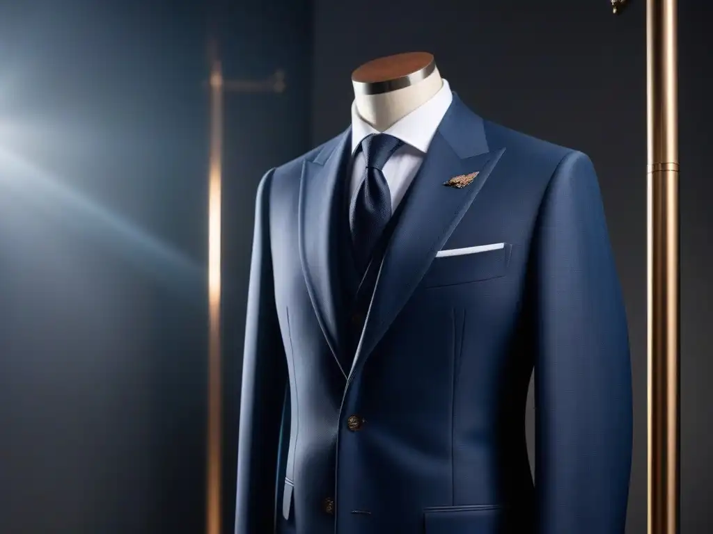 Traje a medida de lujo: elegancia y sofisticación a medida Un traje a medida de lujo colgado en un elegante perchero moderno, resaltando detalle y sofisticación