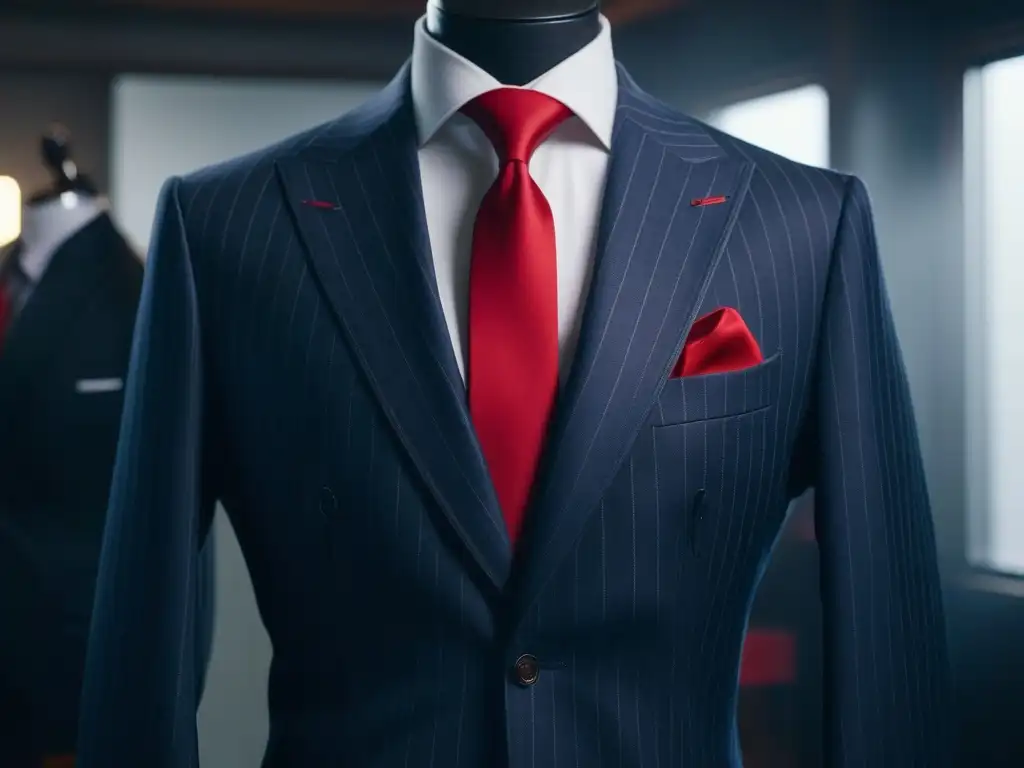 Traje poderoso: elegancia y confianza en atuendo moderno Traje de poder moderno y elegante en un maniquí, líneas definidas, rayas llamativas y corbata roja vibrante