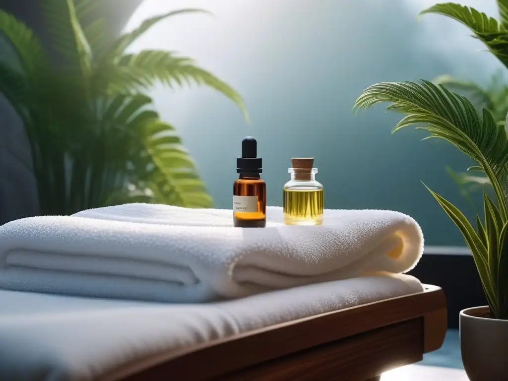 Spa de lujo: masaje relajante con aceites esenciales dorados Un tranquilo spa con mesa de masajes blanca, toallas suaves y plantas verdes, terapeuta vertiendo aceite esencial dorado