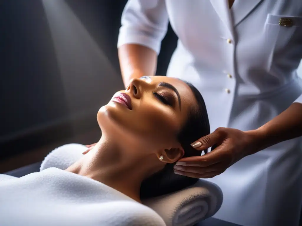 Tratamiento facial de lujo con mascarilla de oro en spa sereno Un tratamiento facial de lujo en un spa: esteticista aplicando mascarilla dorada a cliente, con ambiente sereno y elegante