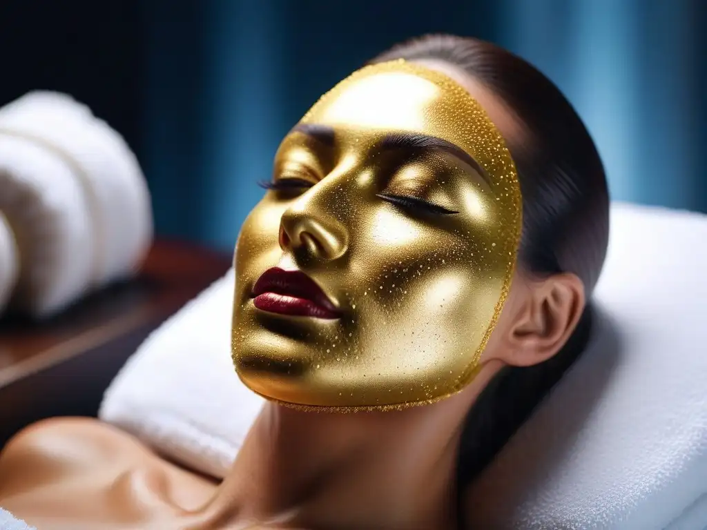 Mascarilla facial de oro: lujo y indulgencia en spa moderno Un tratamiento facial de oro en un spa moderno evoca lujo y indulgencia