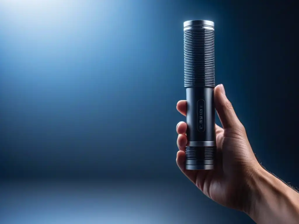 Dispositivo de microneedling futurista en mano Un tratamiento microneedling para diferentes cuerpos: detalle de mano sosteniendo dispositivo futurista con agujas brillantes