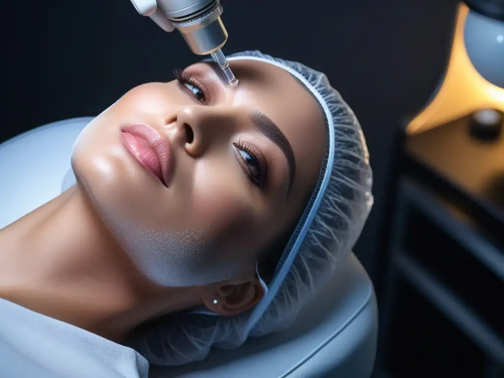 Rejuvenecimiento facial avanzado: detalle ultrapreciso Un tratamiento rejuvenecedor sin cirugía, mostrando detalle de un rostro sereno y la tecnología innovadora en una sala moderna