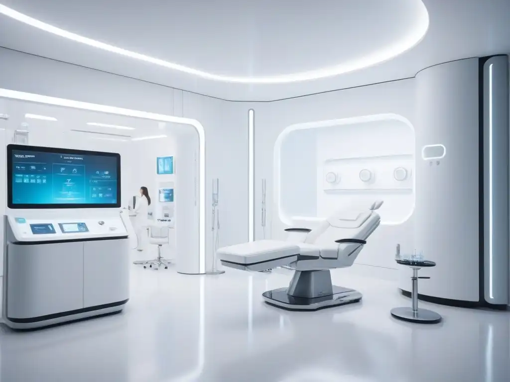 Clínica de belleza futurista: tecnología avanzada y tratamiento innovador Tratamientos estéticos con tecnología innovadora en clínica futurista de diseño minimalista y ambiente vanguardista