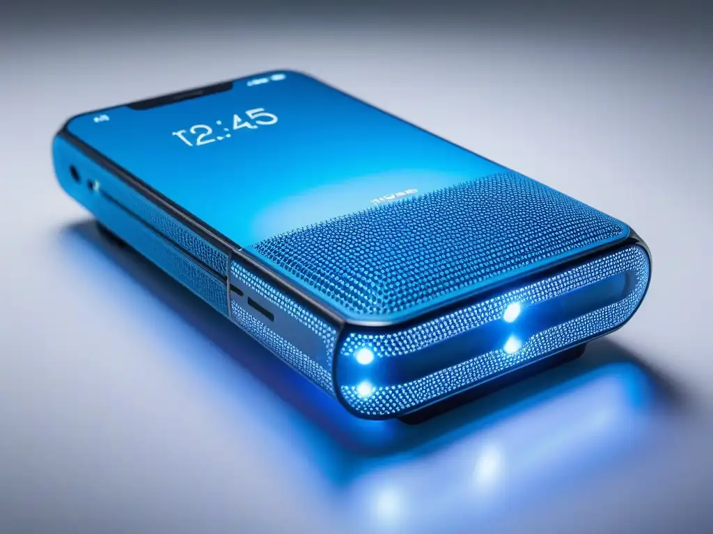 Dispositivo de belleza futurista con luz azul suave Tratamientos estéticos con tecnología innovadora: dispositivo futurista emitiendo luz azul sobre fondo blanco minimalista