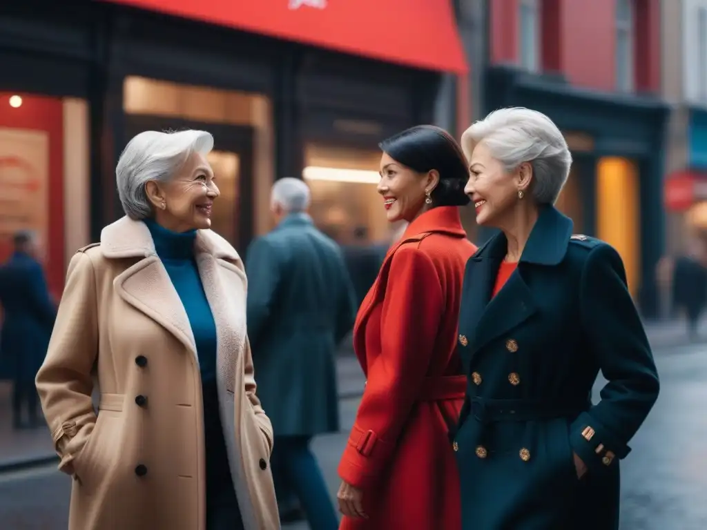Trío de elegantes mujeres mayores paseando con estilo urbano Un trío de elegantes mujeres mayores pasean por la ciudad luciendo abrigos que complementan sus estilos individuales