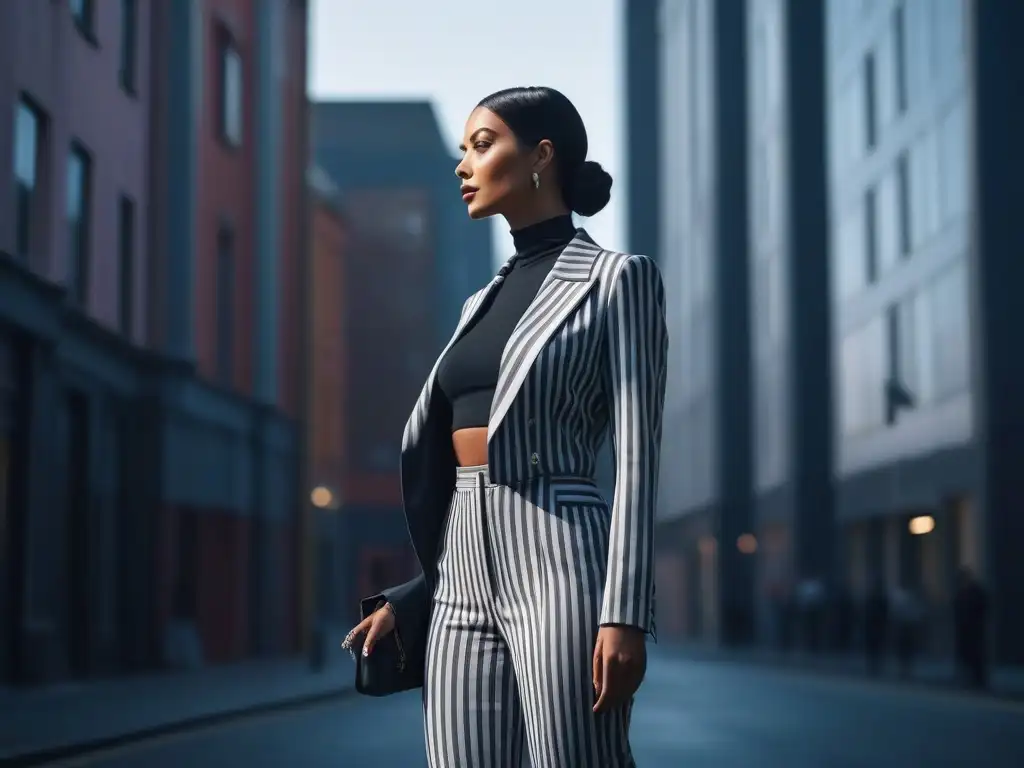 Elegante mujer en outfit rayado: estilo alargado en la ciudad Trucos para estilizar figura petite: mujer con outfit monocromático, pantalones de tiro alto y blazer a rayas, en ambiente urbano iluminado