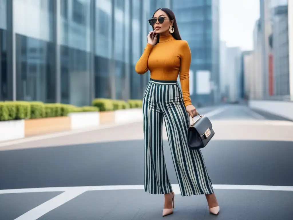 Look urbano: mujer con pantalones de rayas verticales y estilo moderno Trucos estilizar figura petite con outfit moderno y elegante: pantalones de rayas, top corto y accesorios chic