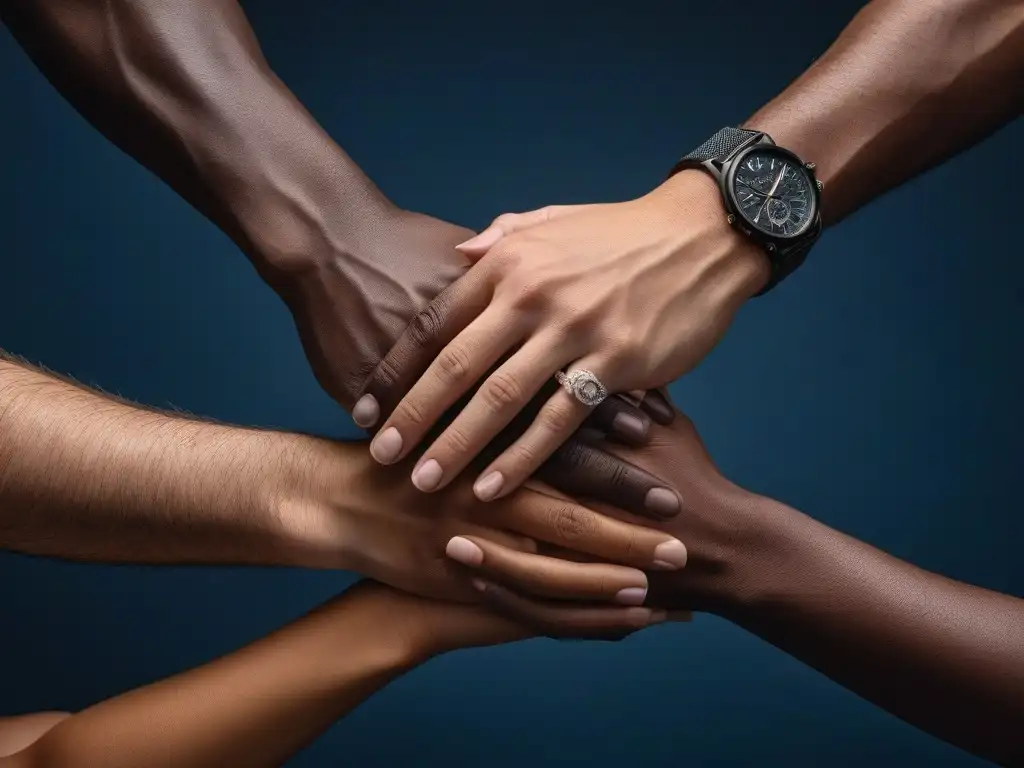 Unión de manos: diversidad de tonos de piel Unidas en diversidad: manos con hiperpigmentación y tonos de piel diversos, iluminadas suavemente