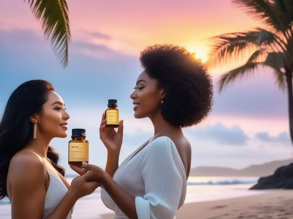 Rutinas de belleza en la playa: diversidad y cuidado en la piel Unidas en la diversidad, mujeres aplican skincare frente al atardecer en la playa