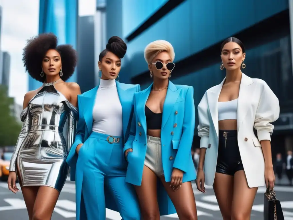 Moda inclusiva: Influencers y diseñadores unidos en la ciudad Unidos en la ciudad: moda inclusiva influencers líderes posan con estilo frente a rascacielos y vallas publicitarias digitales