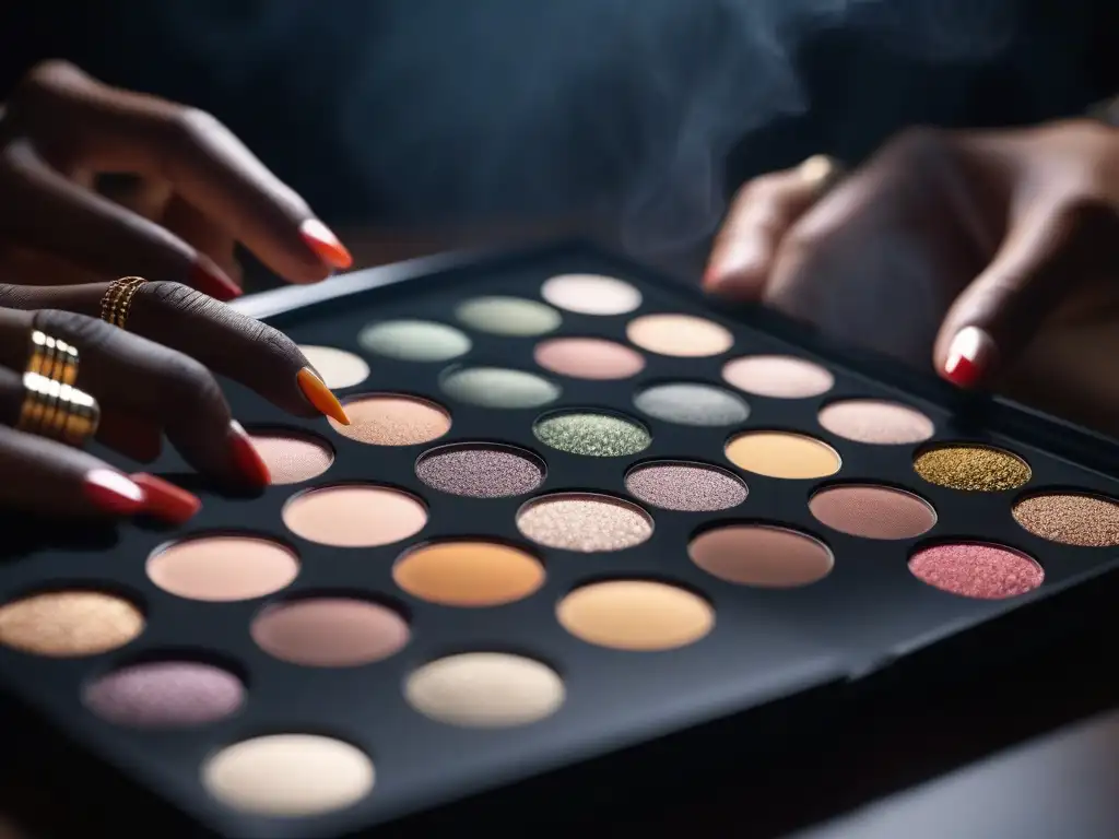 Diversidad de manos con paletas de sombras vibrantes Unidos por la diversidad: manos sostienen paletas de sombras de ojos para pieles diversas en colores vibrantes