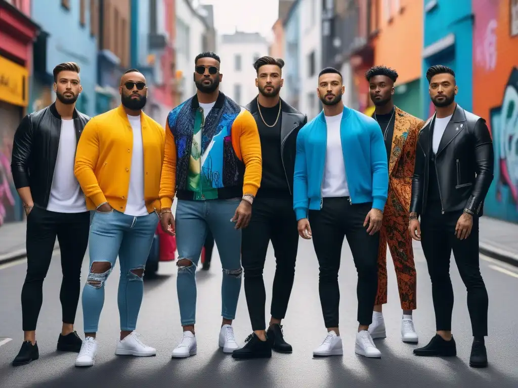 Moda inclusiva: influencers masculinos unidos en la diversidad urbana Unidos en la diversidad: Influencers masculinos moda inclusiva en vibrante ciudad futurista