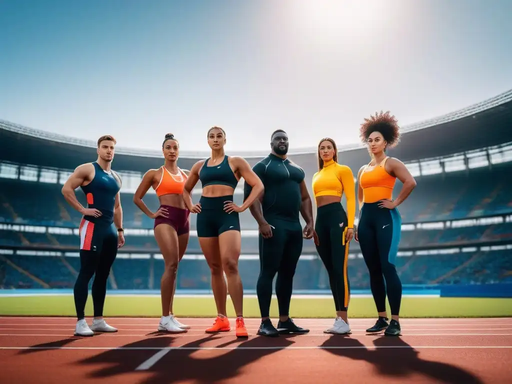 Equipo diverso de atletas en pista, unidos y seguros Unidos en la pista: atletas diversos con moda deportiva inclusiva para todos, irradiando fuerza y estilo en un día soleado