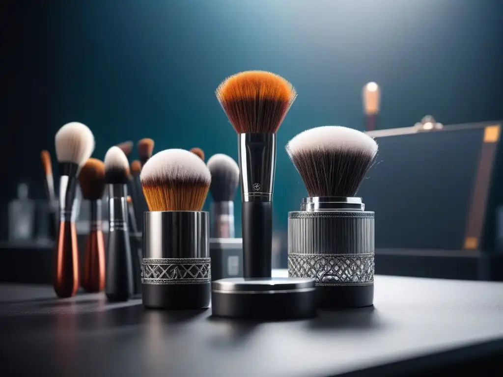 Brochas de maquillaje: detalle y diversidad en alta definición Colección variada de brochas de maquillaje para principiantes, mostrando su diseño y diversidad en una mesa elegante y bien iluminada