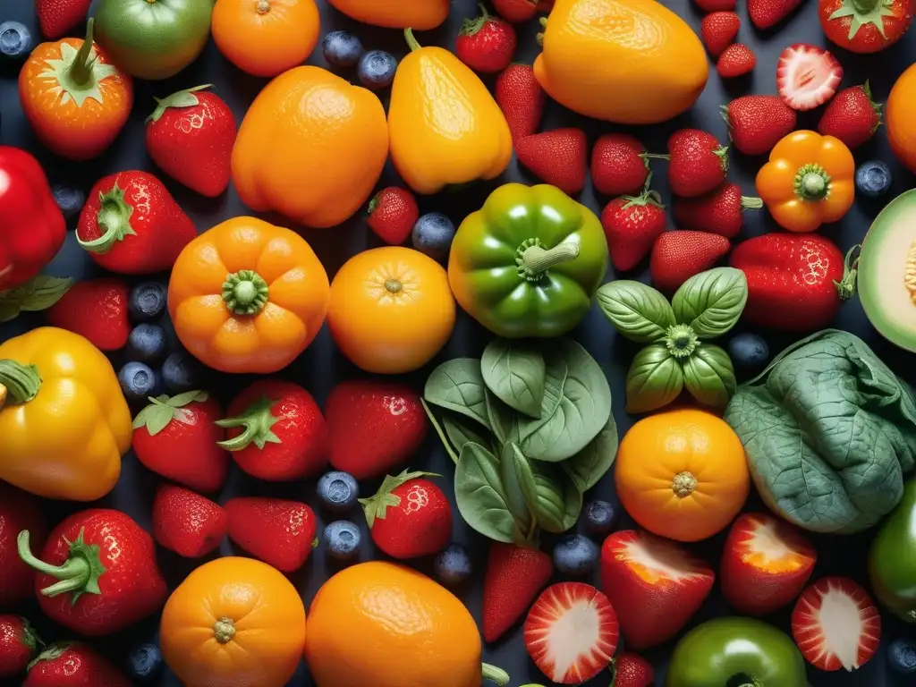 Vibrante selección de frutas y verduras para fortalecer el sistema inmune Un variado grupo de frutas y verduras coloridas que exudan frescura y vitalidad, ideales como suplementos para fortalecer sistema inmunológico