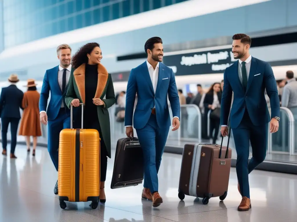 Viajeros seguros con maletas de cápsulas de moda en aeropuerto moderno Un variado grupo de viajeros con ropa de viaje en tallas diversas luce estiloso mientras atraviesa un aeropuerto bullicioso