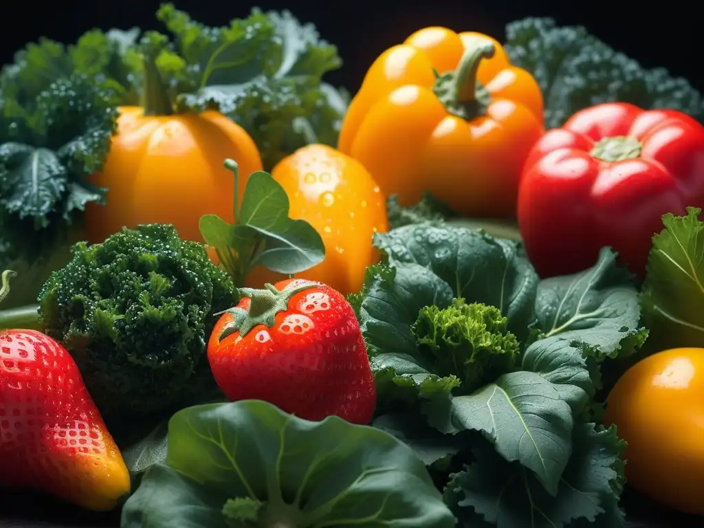Variado y fresco: Frutas y verduras vibrantes para una piel radiante Una variedad colorida de frutas y verduras frescas con gotas de agua, para una alimentación que favorece una piel sana