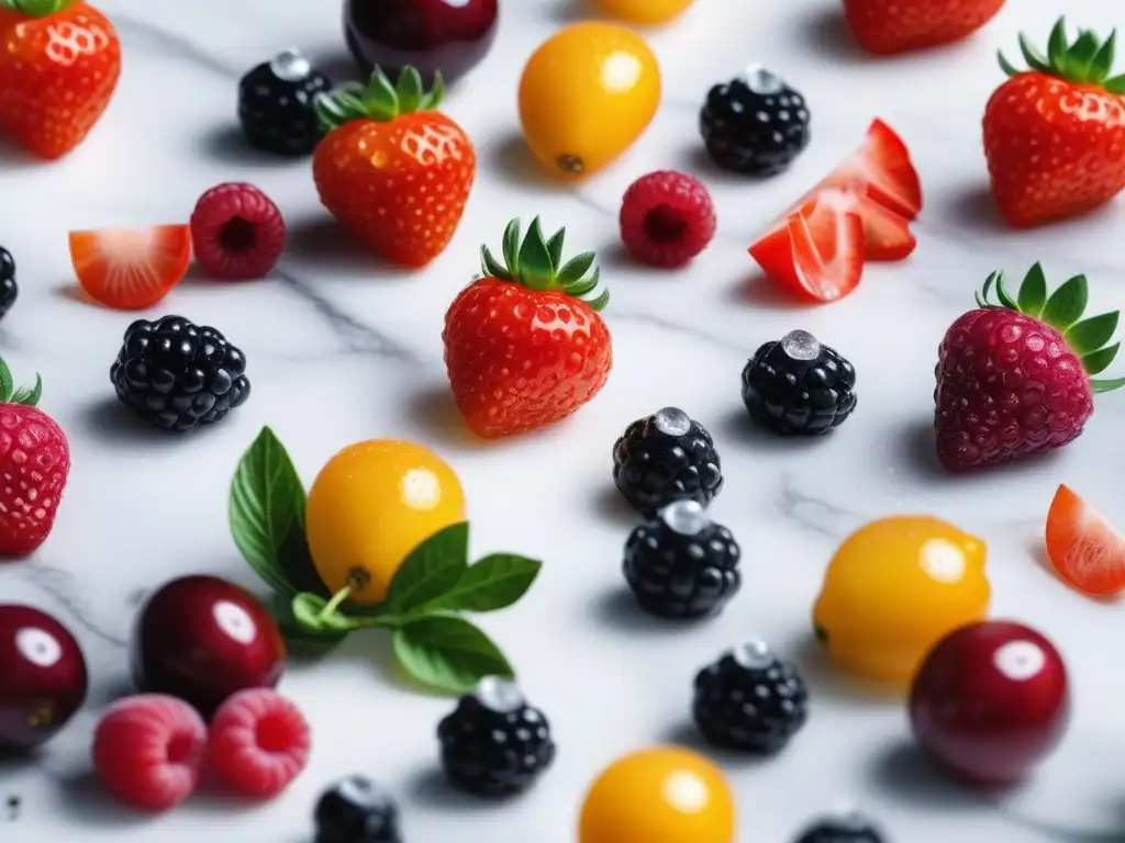 Exquisita variedad de frutas y verduras en mármol blanco Variedad de frutas y verduras coloridas en mármol blanco, resaltando frescura y belleza natural