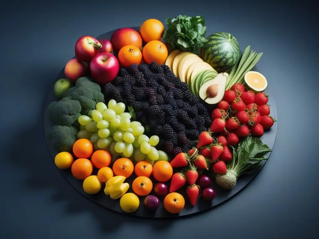 Arcoíris de alimentos frescos para una digestión saludable Una variedad de frutas y verduras frescas, coloridas y dispuestas en círculo en una encimera de cocina