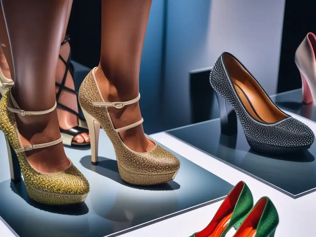 Exposición de zapatos: diversidad y creatividad impactante Variedad de personas admirando diseños únicos en exposición de moda zapatos inclusivos