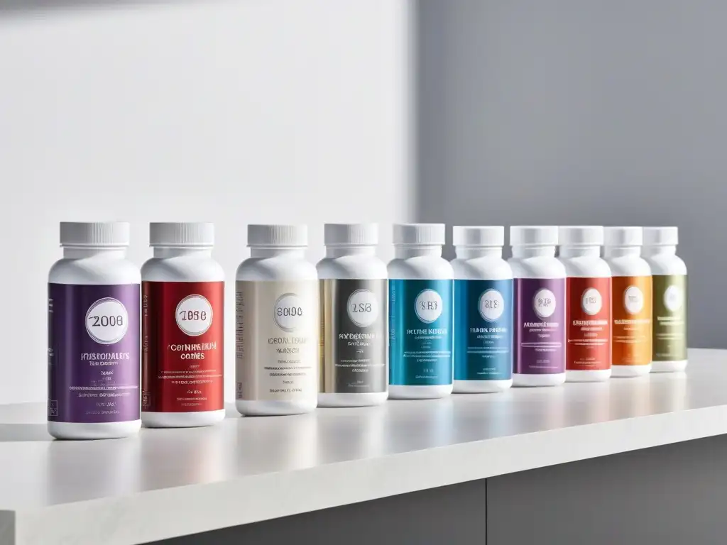 Suplementos saludables: diversidad y calidad en un vistazo Una variedad de suplementos sin gluten de alta calidad, organizados en un moderno mostrador blanco