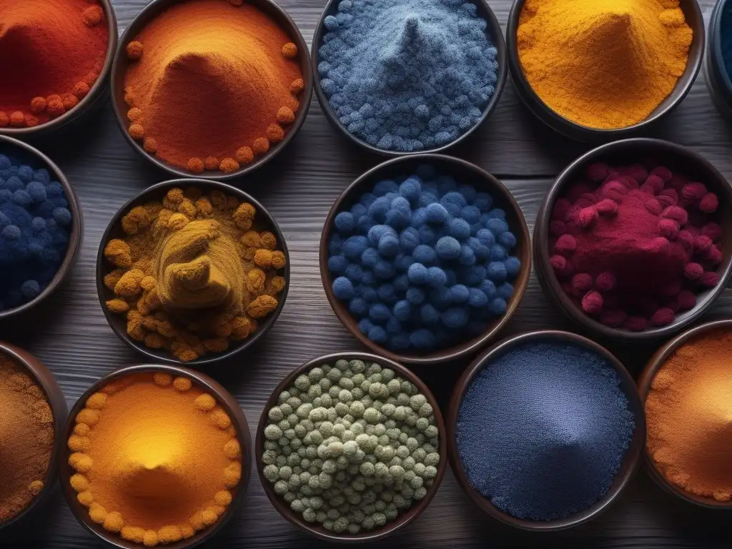 Paleta de tintes naturales: diversidad sostenible y belleza ecológica Variedad de tintes naturales, como índigo y cúrcuma, dispuestos en un degradado