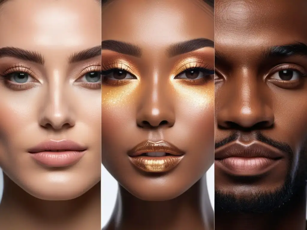 Resplandor diverso: Highlighters para todos los tonos de piel Una variedad de tonos de piel iluminados por los mejores iluminadores para piel diversa, resaltando la diversidad y la belleza