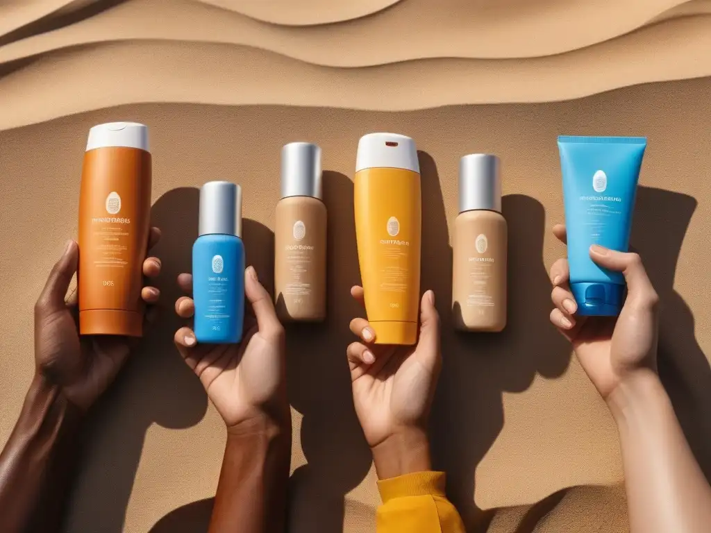 Protección solar: manos con distintos tonos de piel y envases variados Una variedad de tonos de piel representados por manos sosteniendo botellas de filtro solar, en una playa vibrante al atardecer