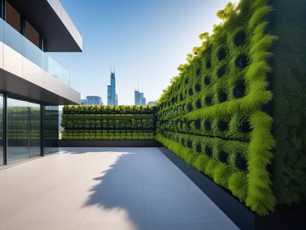 Jardín vertical futurista en terraza de alta gama Un jardín vertical futurista con gadgets de jardinería de alta tecnología, integrando naturaleza y modernidad en una terraza de lujo