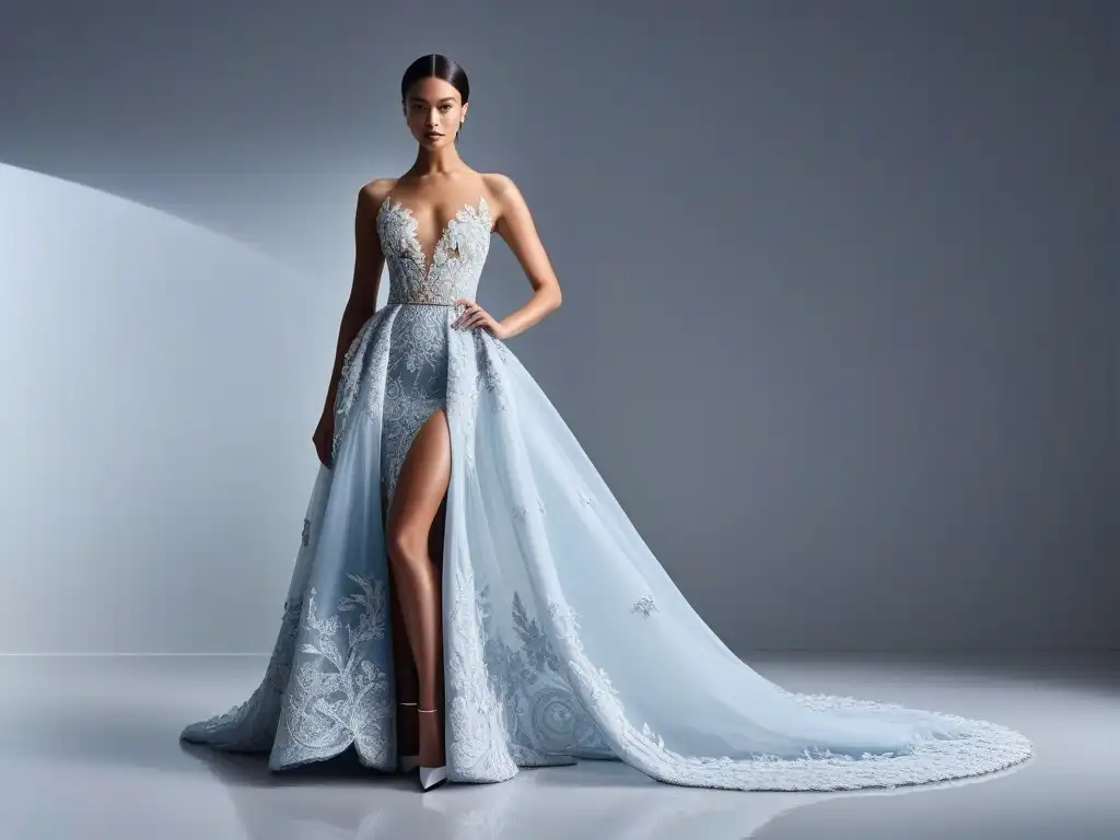 Exquisita alta costura: Detalles bordados y diseño único Vestido de alta costura bordado en detalle, resaltado en galería minimalista