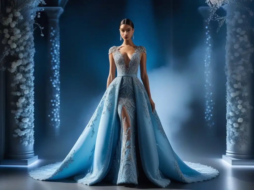 Glamour y arte: Alta costura reluciente en museo Vestido de alta costura con cristales brillantes y encaje delicado en museo moderno
