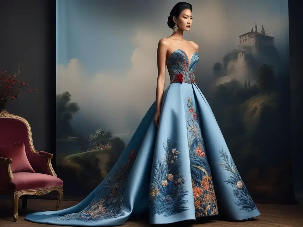 Gown de Alta Costura: Fusión de Arte y Moda Vestido de alta costura inspirado en arte famoso, con detalles de pinceladas y colores vibrantes
