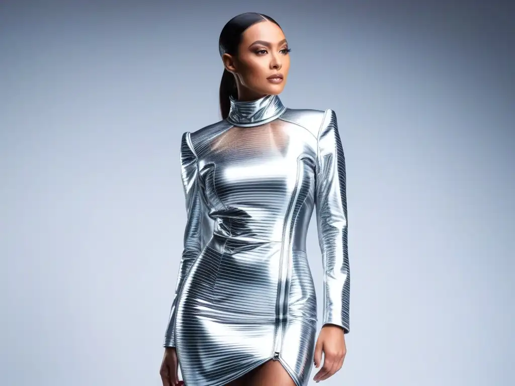 Vestido futurista de tela plateada con luces LED integradas Vestido de alta tecnología plateado con luces LED incorporadas que cambian de color al moverse