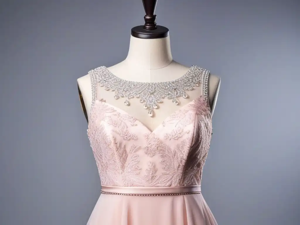 Vestido de fiesta elegante para siluetas petite en rosa pálido con detalles de encaje y lentejuelas, exhibido en un maniquí moderno
