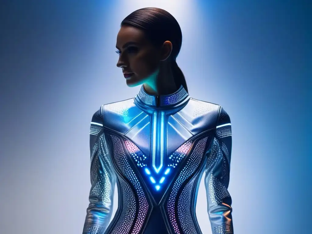 Vestido futurista con tecnología autoreparadora y paneles iridiscentes Vestido futurista autoreparable con tecnología wearable, paneles iridiscentes y circuitos brillantes en un maniquí