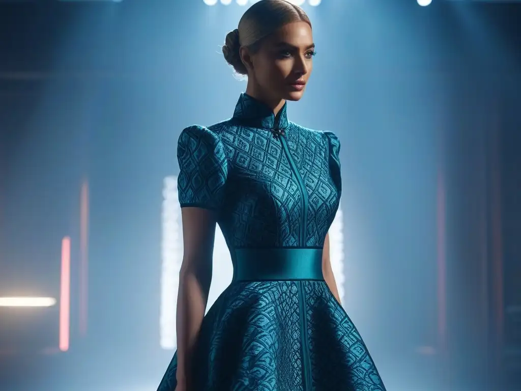 Vestido futurista de tela cambia colores: tecnología y arte Vestido futurista con tejidos tecnológicos que cambian patrón, iluminado en tonos suaves
