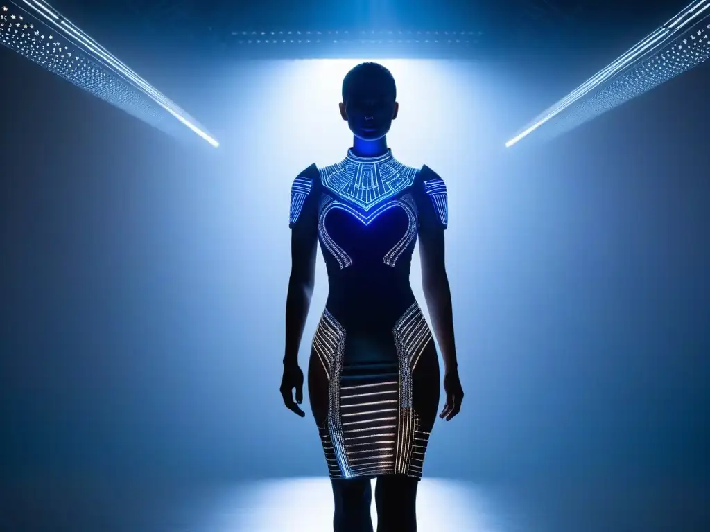 Vestido futurista de tela autorreparable con detalles metálicos y luces LED Vestido del futuro autoreparable con detalles metálicos y luces LED, reparándose con brazos robóticos en un entorno futurista
