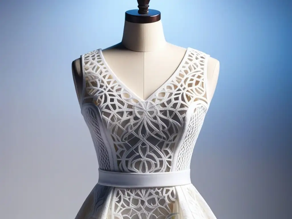 Diseño 3D innovador: vestido plussize fusiona moda tradicional y moderna Vestido de moda plus size con impresión 3D en maniquí futurista, fusionando lo tradicional y lo moderno