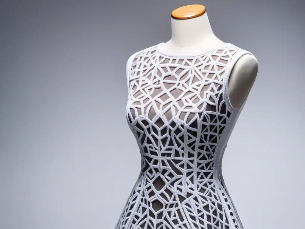 Vestido 3D impreso: diseño intricado y futurista Vestido de moda con impresión 3D, patrones intrincados y elementos futuristas en maniquí, iluminado suavemente