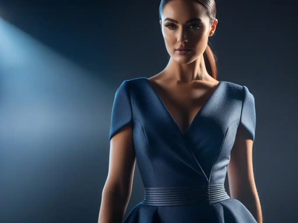 Diseño innovador: Vestido moderno de tela adaptable realza la figura Vestido moderno de tejidos adaptativos realzan figura, en maniquí con elegante fondo minimalista