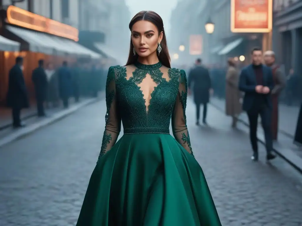 Vestido verde esmeralda sostenible para noche de lujo Vestido de noche elegante en verde esmeralda, con detalles intrincados y fondo de ciudad nocturna