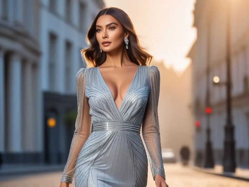 Vestido de noche plateado con detalles brillantes y elegantes Vestido de noche petite en plata brillante con detalles de lentejuelas y cuentas, perfecto para fiestas elegantes