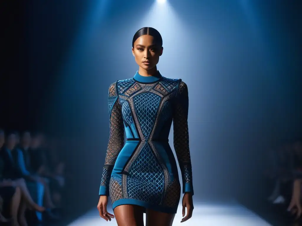 Vestido 3D inclusivo y futurista en pasarela diversa Un vestido 3D vibrante y futurista en una pasarela diversa