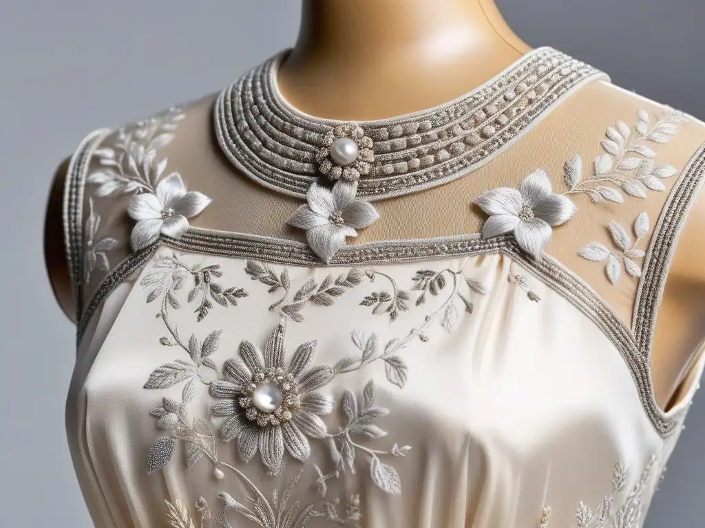 Vestido vintage de los años 20: detalle exquisito y elegancia atemporal Vestido vintage de los años 20 con bordados en maniquí minimalista