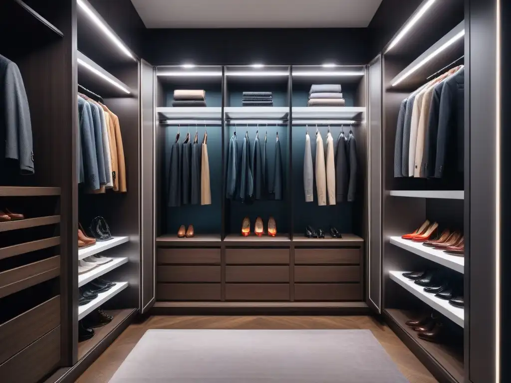 Armario de lujo: moda de alta gama organizada con elegancia Vestidor de lujo con prendas de alta moda organizadas, estantes a medida y esquema de color vibrante