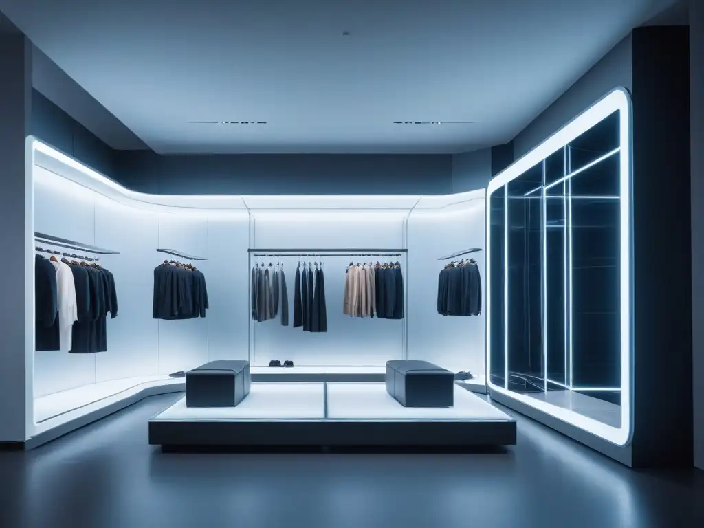 Probador virtual futurista para ropa petite con tecnología avanzada Un vestidor virtual futurista para moda petite con tecnología avanzada y servicios personalizados moda petite